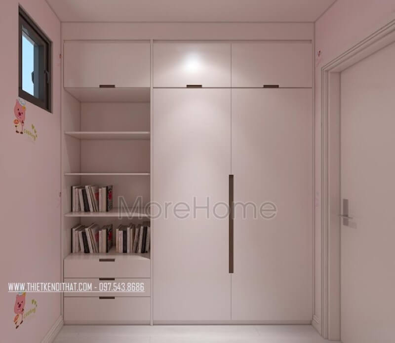 Tủ quần áo hiện đại gỗ công nghiệp kết hợp kệ để sách hiện đại, đẹp cho phòng ngủ con gái. Thiết kế chung cư
