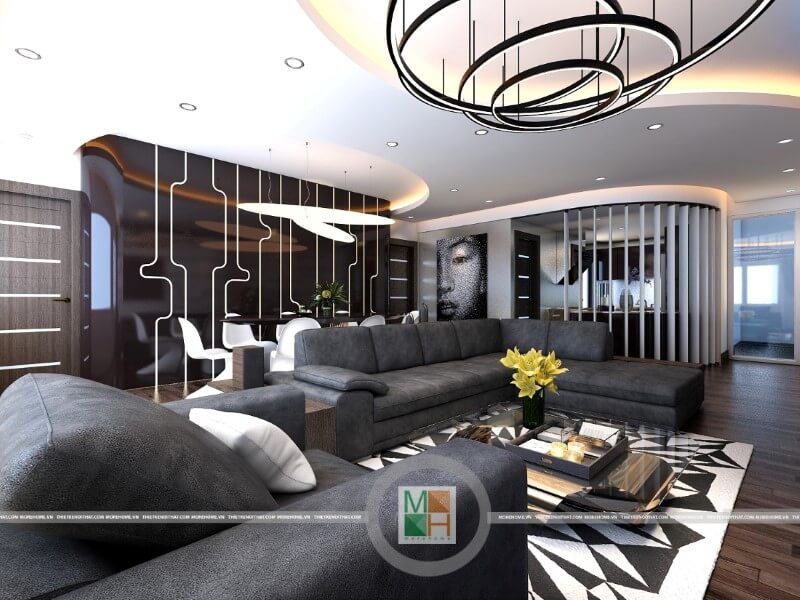 Thiết kế nội thất chung cư đẹp với bộ sofa da màu đen sang trọng tạo điểm nhấn nổi bật cho phòng khách. Mẫu nội thất chung cư đẹp