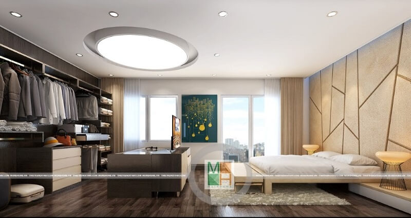Mẫu thiết kế phòng ngủ chung cư đẹp sử dụng đồ nội thất gỗ hiện đại với cách bố trí hợp lí, tinh tế mang đến vẻ đẹp vẻ đẹp sang trọng và đẳng cấp. Mẫu nội thất chung cư đẹp