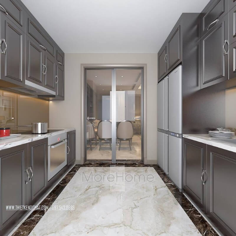 Chất liệu gỗ tự nhiên được áp dụng trong hầu hết các không gian bếp của căn hộ chung cư, bởi nó nhẹ nhàng, đa năng và dễ thi công lắp đặt Mẫu nội thất chung cư đẹp