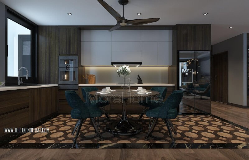 Thiết kế nội thất phòng bếp kết hợp với phòng ăn tiện nghi, hiện đại Mẫu nội thất chung cư đẹp
