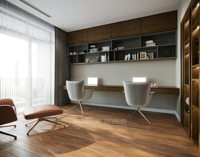 Kệ ốp tường với nhiều ngăn sẽ là lựa chọn giúp bạn lưu trữ đồ một cách khoa học trong phòng học. Mẫu nội thất chung cư đẹp