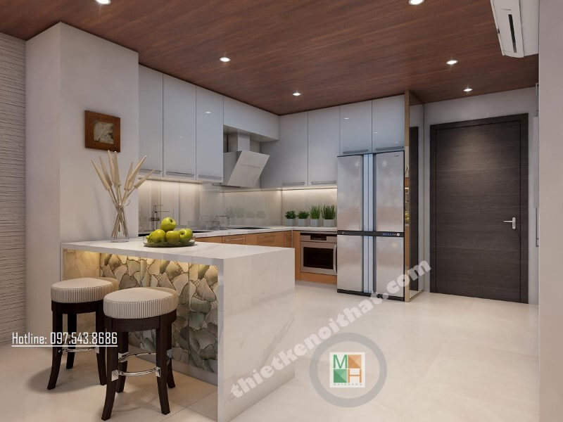Thiết kế nội thất phòng bếp gọn gàng và ngăn nắp không quá nổi bật về tính thẩm mỹ nhưng vẫn toát lên sự tinh tế và sang trọng Thiết kế phòng bếp, tủ bếp gỗ An Cường