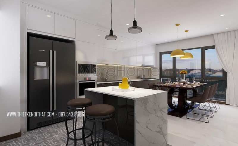 Phòng bếp lồng phòng ăn tạo nên sự thông thoáng, tiện nghi nhưng đẹp, sang trọng tại biệt thự hiện đại Xuân Phương. Thiết kế phòng bếp, tủ bếp gỗ An Cường