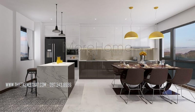 Thiết kế phòng ăn lồng phòng bếp hiện đại tạo nên không gian vừa đẹp vừa tiện nghi vừa sang trọng. Thiết kế phòng bếp, tủ bếp gỗ An Cường