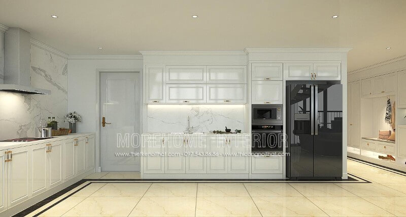 Tủ bếp hiện đại kiểu dáng chữ i đầy ấn tượng, khu vực nấu nướng bếp nóng và khu vực sơ chế thực phẩm được bố trí hợp lí, đảm bảo công năng sử dụng cũng như thuận tiện di chuyển trong quá trình nấu nướng của gia chủ Tủ bếp hiện đại đẹp