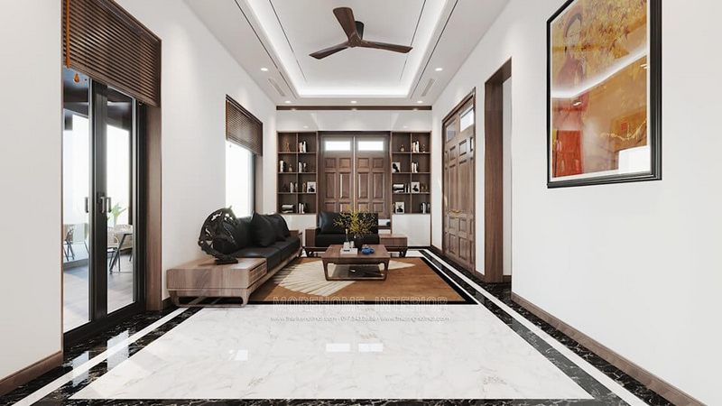 Thiết kế nội thất gỗ óc chó cho phòng khách nhà phố, không gian tiếp khách sang trọng, hiện đại