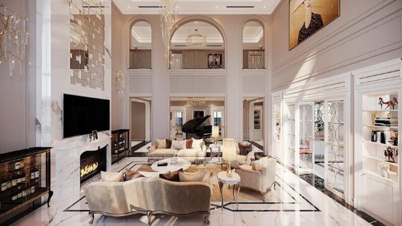 Sắp xếp nội thất biệt thự Vinhomes Imperia Hải Phòng ấn tượng với phòng khách thông tầng đẹp, sang trọng.