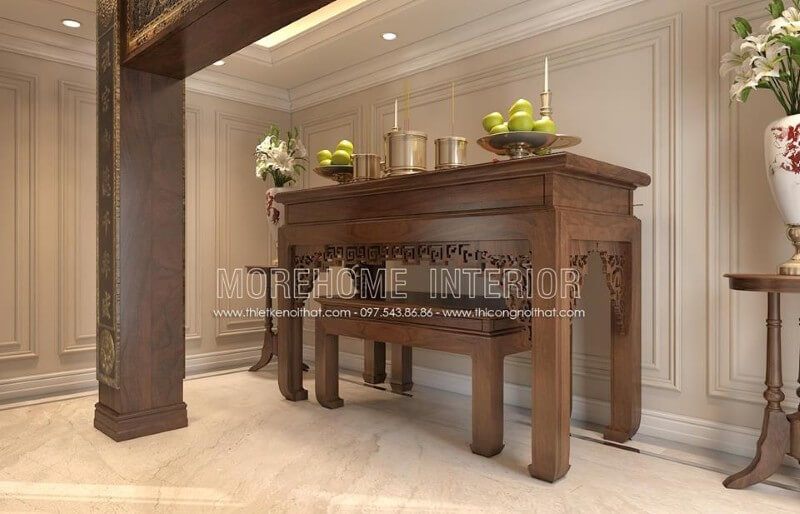 Mẫu bàn thờ đẹp gỗ tự nhiên có sẵn tại showroom của Morehome. Liên hệ với chúng tôi để được tư vấn báo giá và mua hàng. Hotline: 097.543.8686 (Mr.Chính)