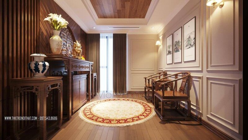 Phòng thờ trang nghiêm được thiết kế với 100% gỗ óc chó mang lại không gian trang nghiêm tĩnh mịch cần có của khu vực thờ cúng gia tiên