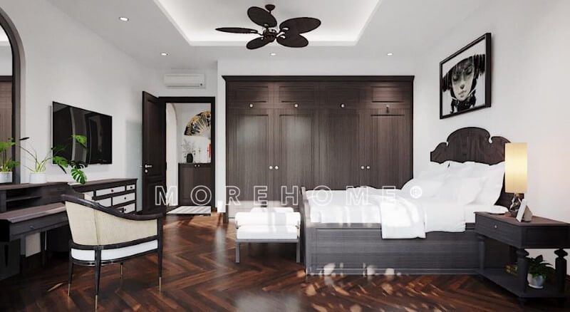 Tủ quần áo gỗ óc chó âm tường có thiết kế đơn giản giúp giảm thiểu diện tích sử dụng trong phòng ngủ.