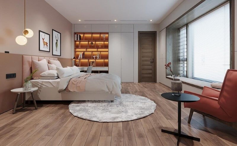 Mẫu giường ngủ đầu giường bọc bằng nỉ màu hồng mang lại phong cách hiện đại cho phòng bé gái.