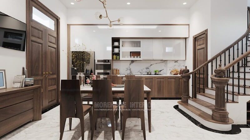 Thiết kế nội thất phòng bếp biệt thự hiện đại và tinh tế, mang lại sự sang trọng.