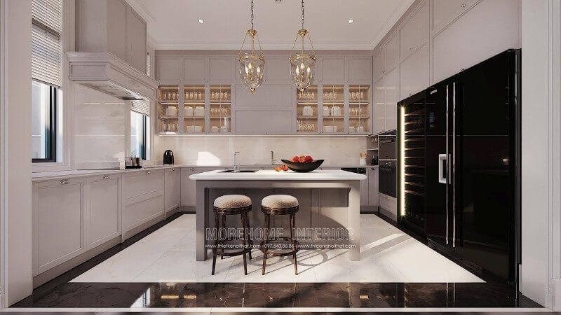 Tủ bếp chữ L có thiết kế hiện đại với vật liệu gỗ cao cấp.