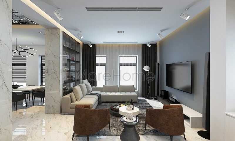 Màu ghi tối và trắng làm chủ đạo cho nội thất phòng khách chung cư hiện đại, cửa sổ hướng ra ban công được thiết kế rộng giúp tạo ra cảm giác cơi nới và làm cho căn phòng trở nên rộng hơn.